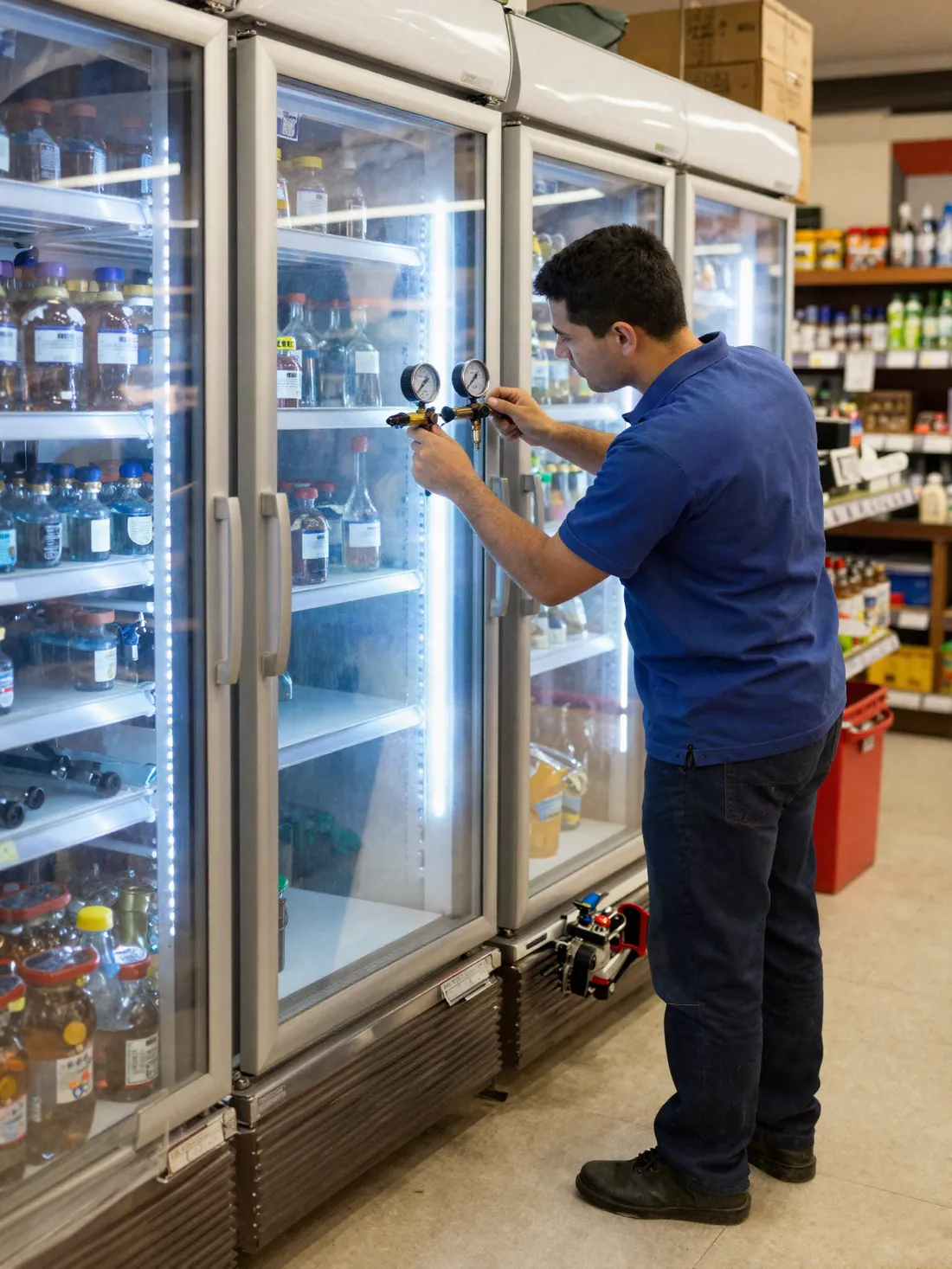 Técnico revisando una heladera exhibidora en un comercio de Bragado