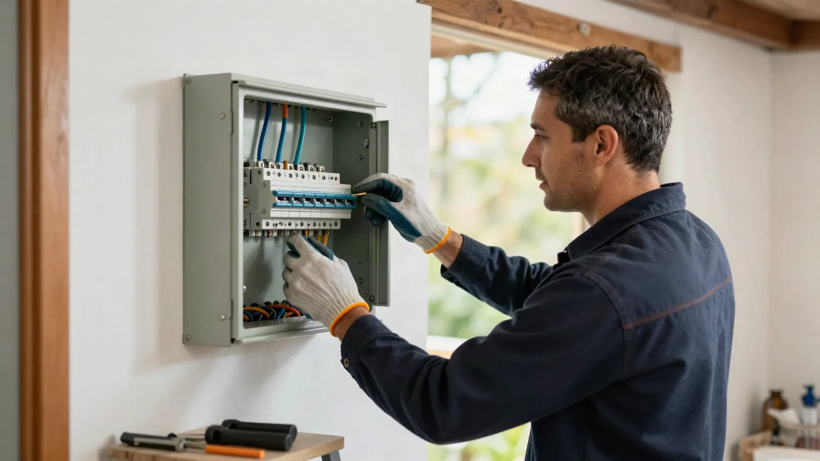 Electricista de RD Refrigeración y Electricidad instalando un tablero en una casa de Bragado